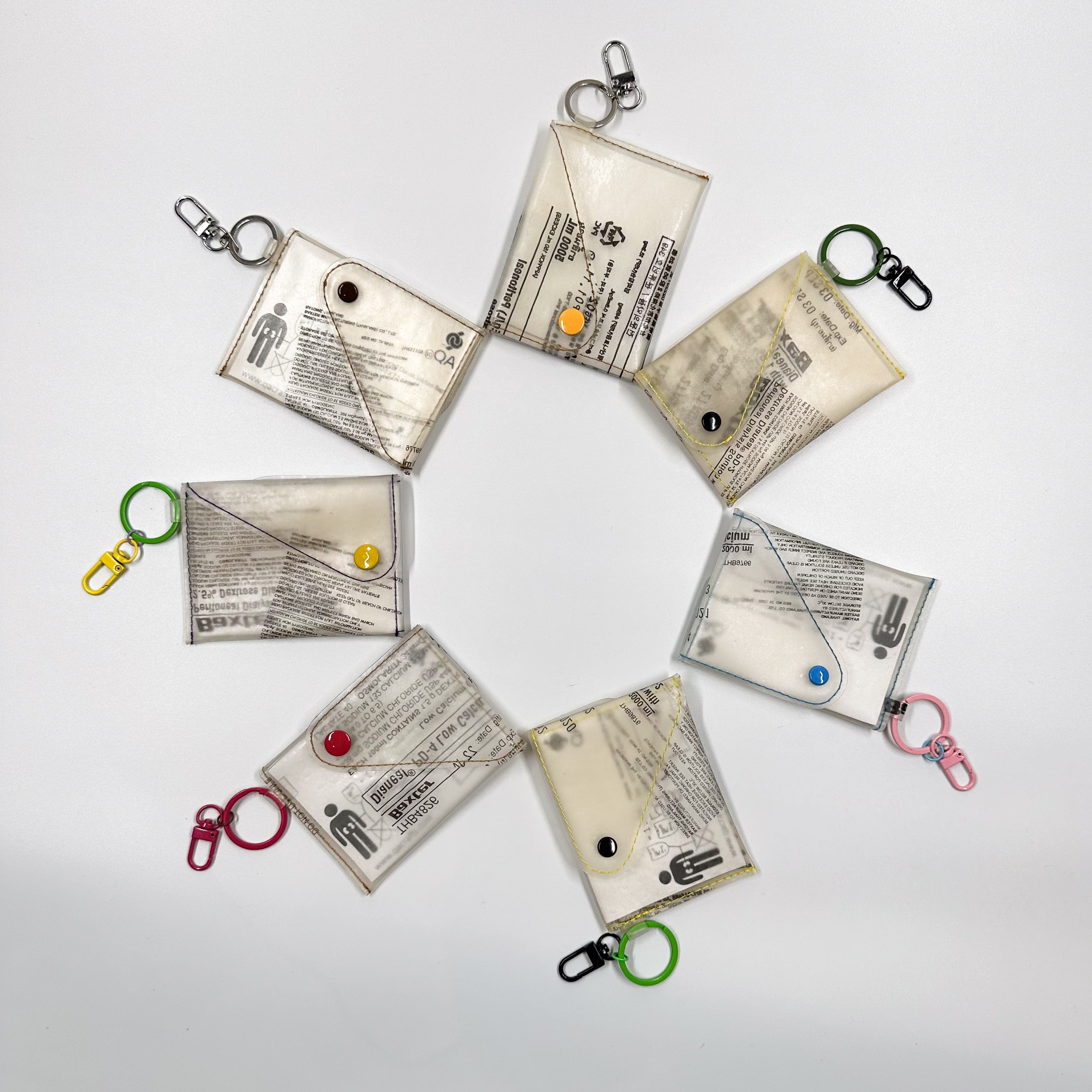 Handicraft sustainable and recycled wallet from Asia. The wallet is made of recycled dialysis bag and is sold online on www.qacrafts.com.