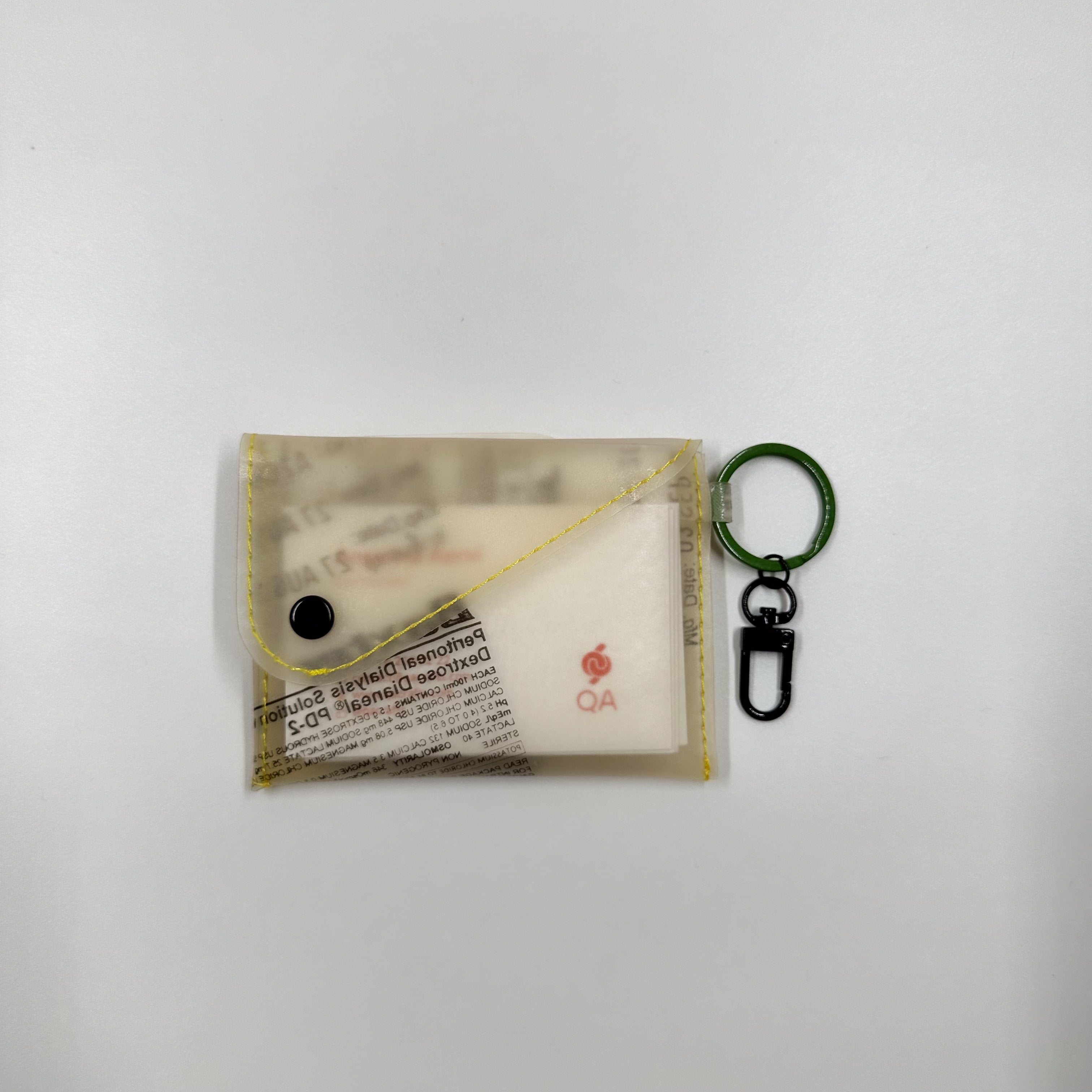 Handicraft sustainable and recycled wallet from Asia. The wallet is made of recycled dialysis bag and is sold online on www.qacrafts.com.