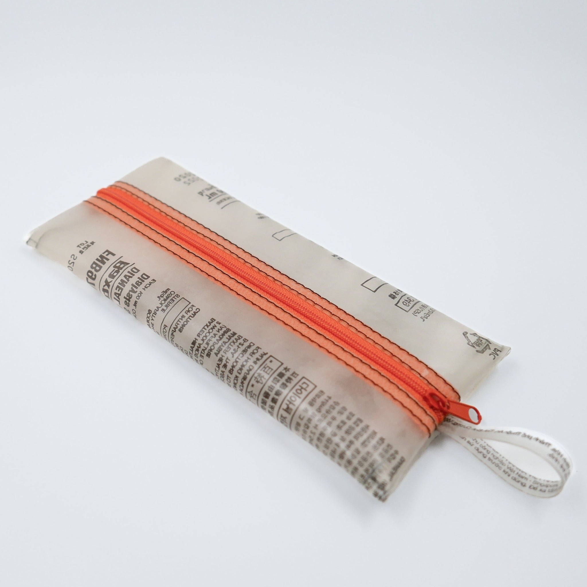 Handicraft sustainable and recycled case from Asia. The pouch is made of recycled dialysis bag and is sold online on www.qacrafts.com.